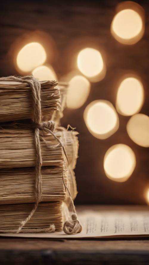 A stack of vintage-looking parchments, tied together with a twine, on an antique wooden desk lit by the soft light of a flickering candle. Wallpaper [59b3dd55239748338dc9]