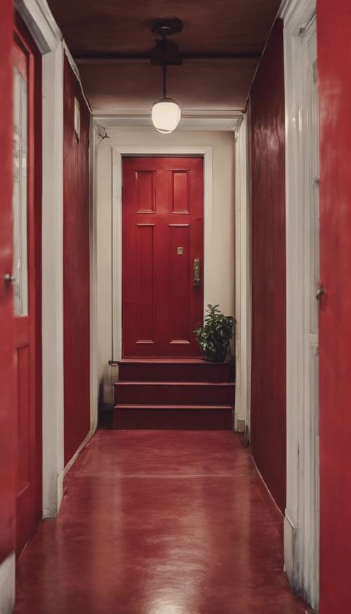 Dar bir koridorun sonundaki gizemli kırmızı kapının çekimi.