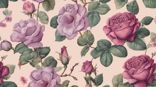An antique, hand-painted floral wallpaper pattern featuring vintage roses and violets on a pastel background.