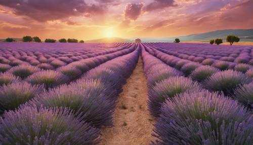 A blooming field of lavender in Provence, painted in the style of the Old Masters, with a golden sunset in the backdrop.