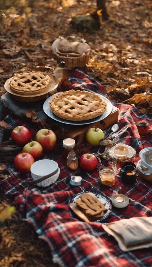 Picnic en el bosque con temática de otoño, con manta escocesa, pastel de manzana con especias y manualidades caseras bajo la cálida luz del sol de la tarde.