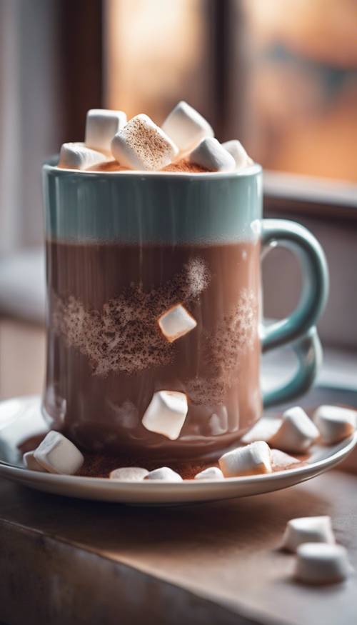 An inviting cup of hot chocolate with marshmallows, in front of a frosted window.