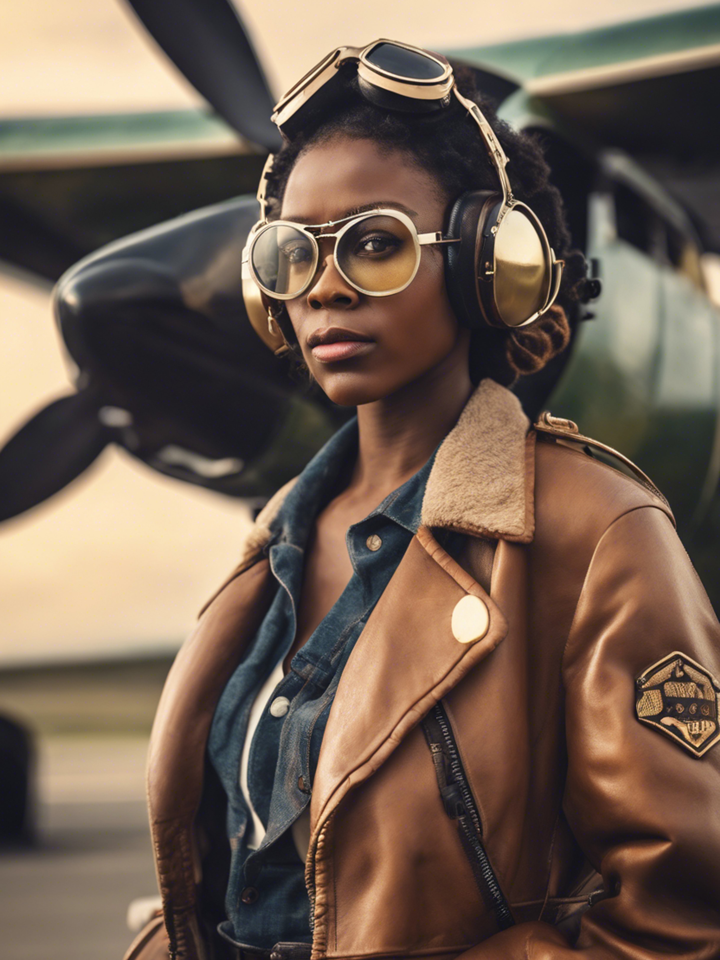 A black girl in an aviator jacket and goggles flying a retro propeller plane. Tapeta[82958076c6f747e0ac9d]