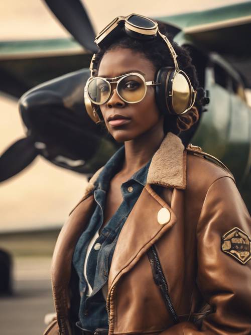 A black girl in an aviator jacket and goggles flying a retro propeller plane.