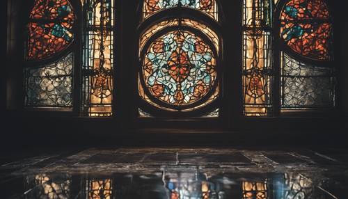 Reflet d&#39;un vitrail gothique créant un motif sombre sur un sol en pierre.