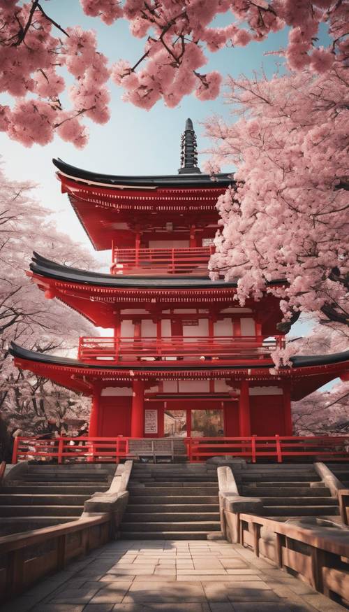 Ein leuchtend roter Shinto-Schrein, eingebettet zwischen Kirschblütenbäumen, die im Frühling in Japan in voller Blüte stehen.