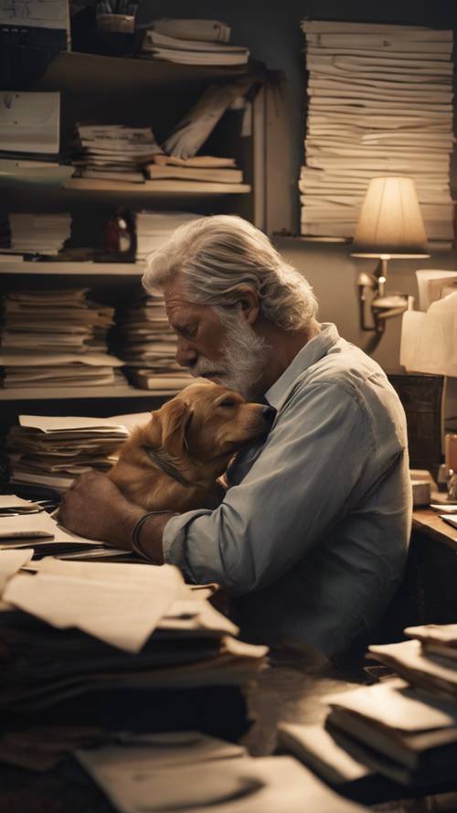 Ein erschöpfter Vater spät in der Nacht in seinem Büro, umgeben von Papieren, ein schlafender Hund neben seinem Schreibtisch.
