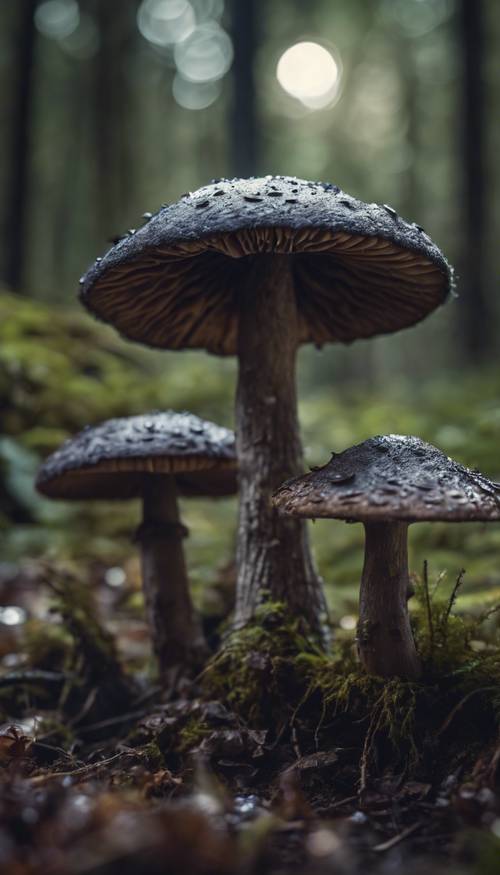 Tiga jamur gelap misterius di lantai hutan yang diterangi cahaya bulan.