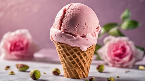 Due palline di gelato alla rosa e al pistacchio in un cono.