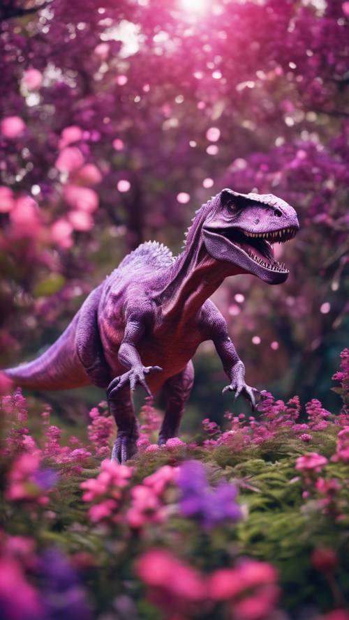 Um dinossauro elegante parado em uma floresta repleta de flores rosa e roxas vibrantes.