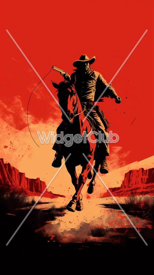 Vaquero rojo a caballo a través del cañón del desierto