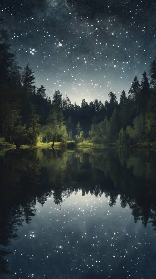 Dark forest reflecting in the calm waters of a still lake, under a star-filled sky.
