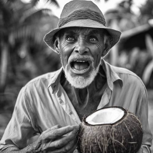 Ein altes Schwarzweißfoto einer Person, die mit überraschtem Gesichtsausdruck eine große Kokosnuss hält.