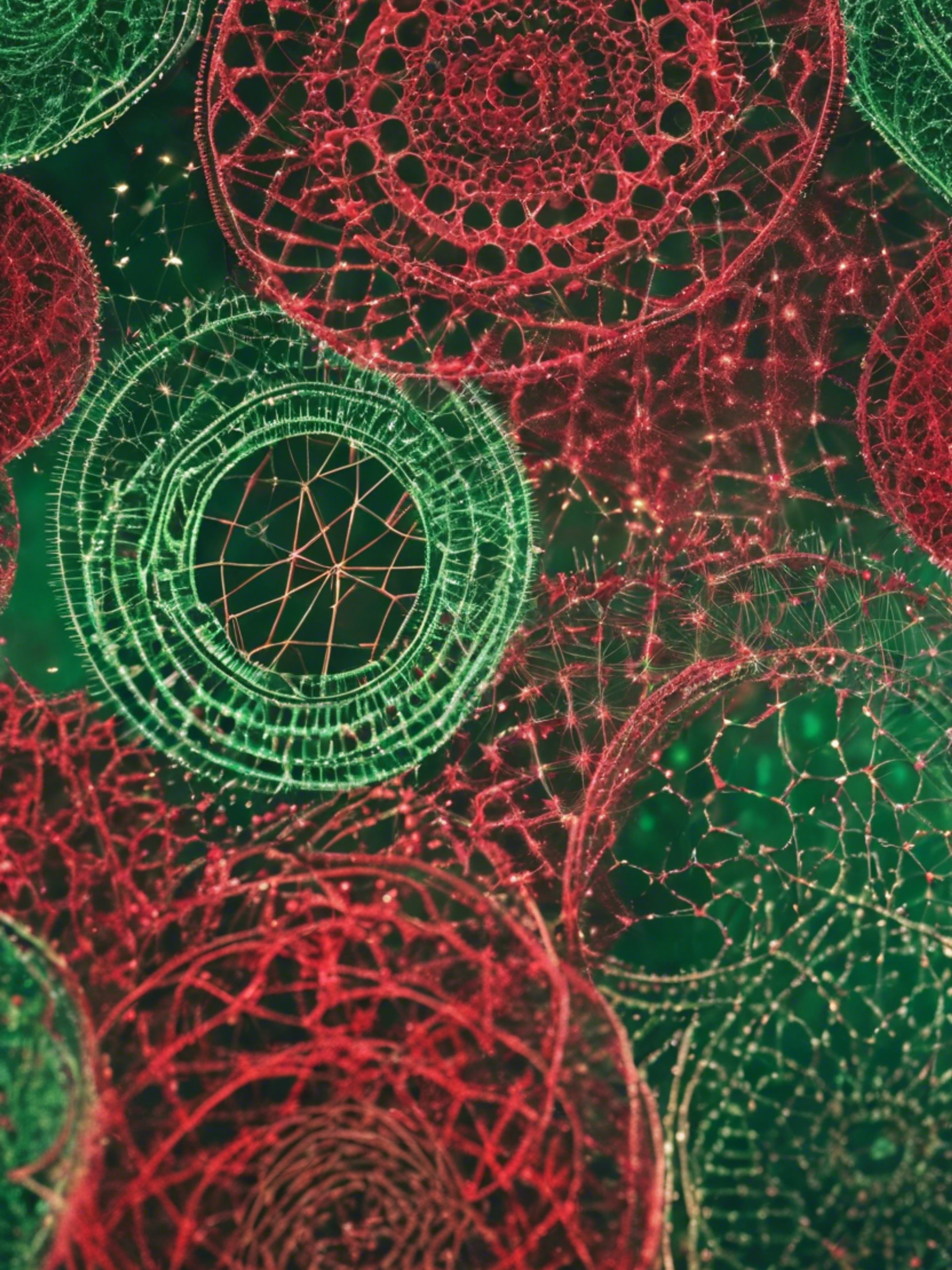 Red and green glitter forming a spirograph pattern Hintergrund[8dd03403d83d45f69b51]