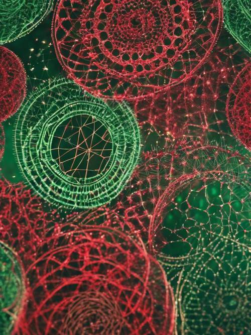 Roter und grüner Glitzer bilden ein Spirograph-Muster