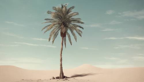 맑은 하늘을 배경으로 야자수 한 그루를 보여주는 사막 장면의 빈티지 손으로 그린 ​​이미지입니다.