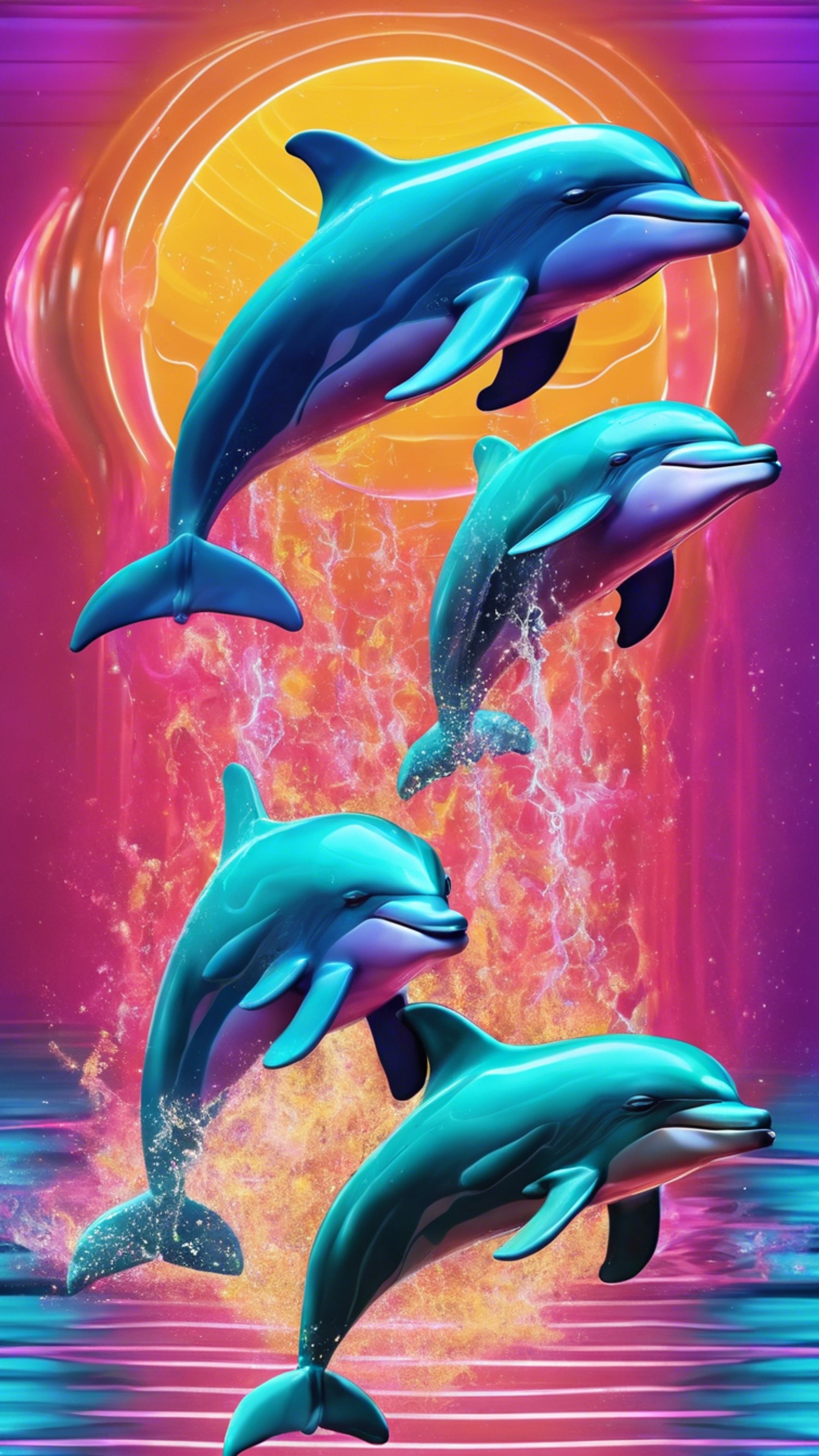 Robotic Y2K dolphins leaping over neon waves in a digital ocean. Tapetai[ad0dac3c3f9a44adb514]