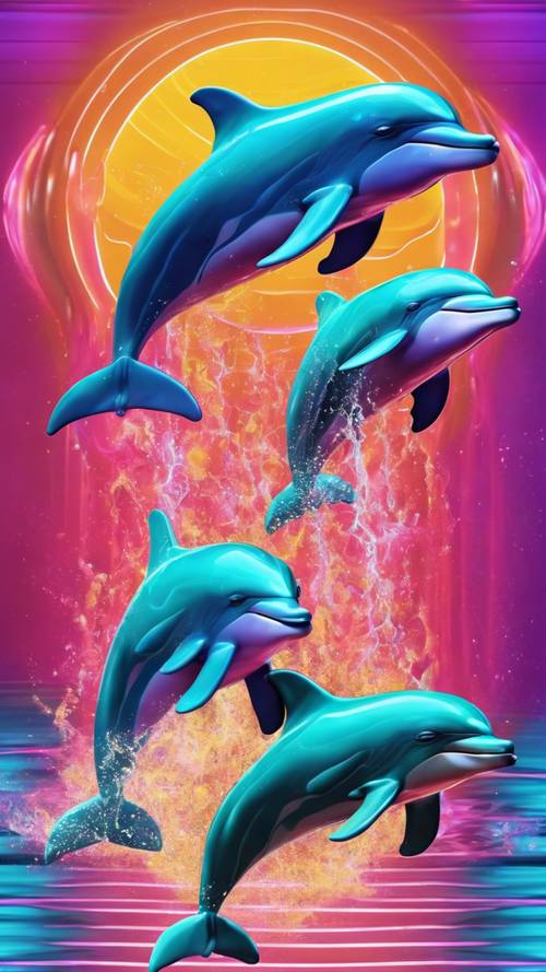 Robotic Y2K dolphins leaping over neon waves in a digital ocean.