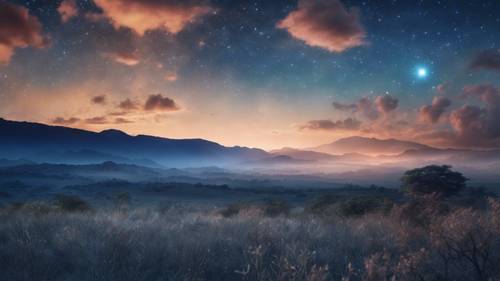 Una llanura azul bajo el crepúsculo, el cielo repleto de estrellas añade un toque místico al sereno paisaje.