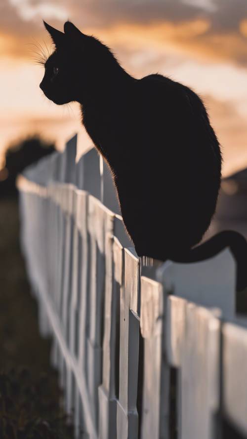 Uma silhueta de um gato andando em uma cerca branca ao entardecer.