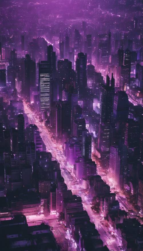 暮色中的現代城市景觀，建築物和摩天大樓沐浴在黑色和紫色的色調中。