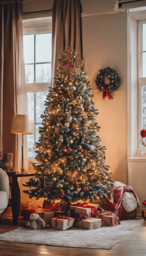 A warm, inviting living room with a hearth, stockings, and beautifully decorated Christmas tree at the corner.