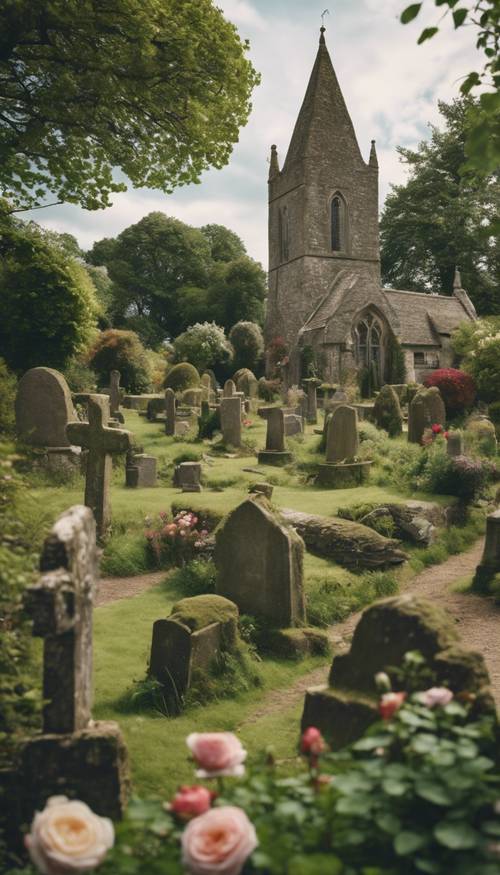 English countryside view with traditional thatched cottages, blooming rose gardens, and an old stone church with a mossy graveyard. Tapet [b38dd1578fd44d4abef5]