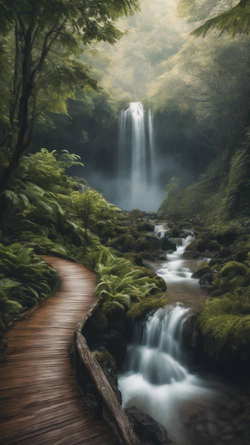 A forest path blanketed in fog, winding its way past a majestic waterfall that cascades into a serene pool.