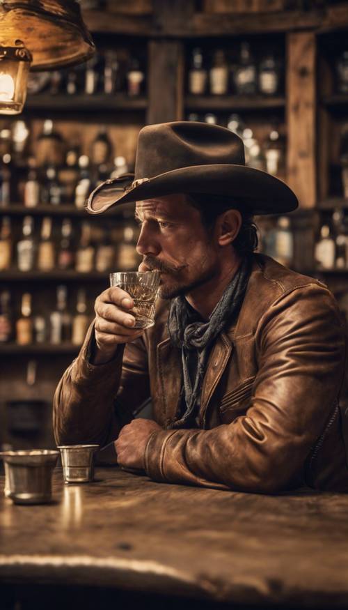 Un cowboy sirotant du whisky dans une vieille tasse en étain dans un bar-salon en bois d&#39;époque.