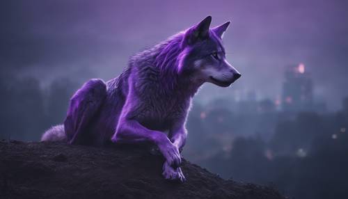 A beautiful purple she-wolf sitting gracefully on top of a hill during a foggy night.
