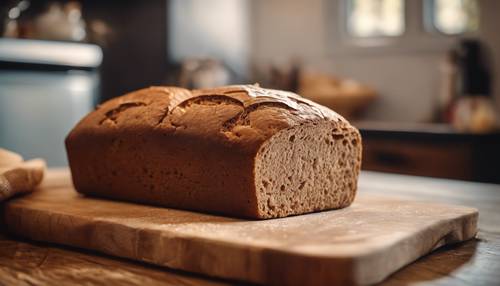 خبز بني دافئ طازج من الفرن، يتصاعد منه البخار، موضوع على طاولة مطبخ خشبية.