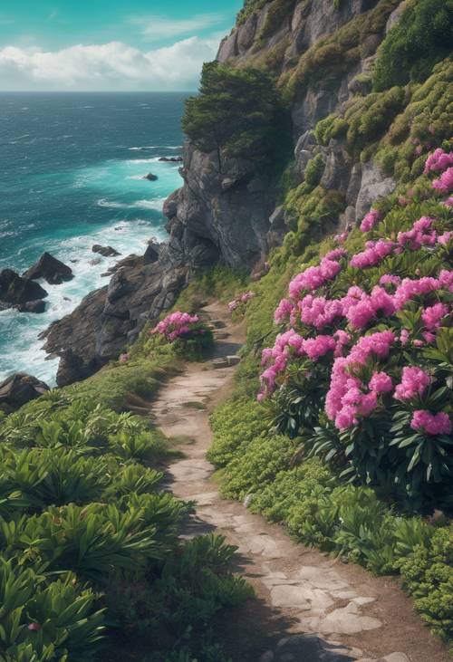 Un sentier isolé et verdoyant à flanc de falaise parsemé de rhododendrons surplombant une mer turquoise et rude.