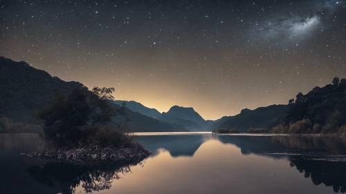 Una relajante escena nocturna de un lago tranquilo bajo las estrellas, con &#39;La calma es la cuna del poder&#39; grabado en las tranquilas aguas.