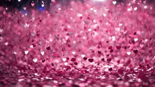 Shiny pink heart-shaped confetti floating in the air at a concert.