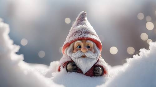 A miniature garden gnome peeking out from under a thick blanket of fresh snow.