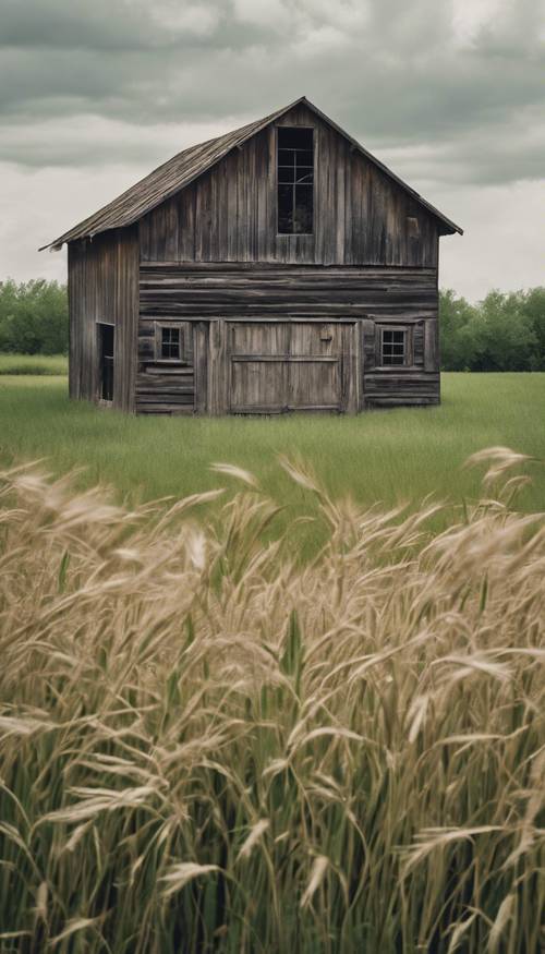 曇り空の中、ざわめく麦草の真ん中に佇む古びた木製の田舎の納屋