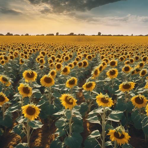 An aerial view of a sunflower field transitioning from intense cadmium yellow to light canary yellow.