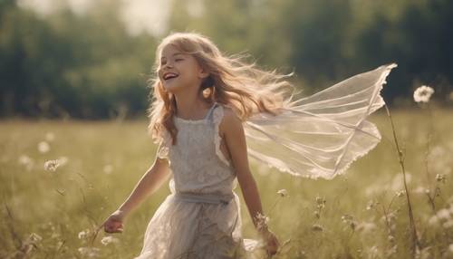 Young fairy learning to harness the wind, laughing as a gust playfully lifts her off a tranquil meadow. Behang [b6a0c892c59146b5a71f]