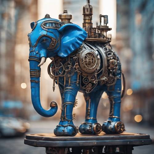Un elefante blu in stile steampunk con parti meccaniche, situato in una città futuristica.