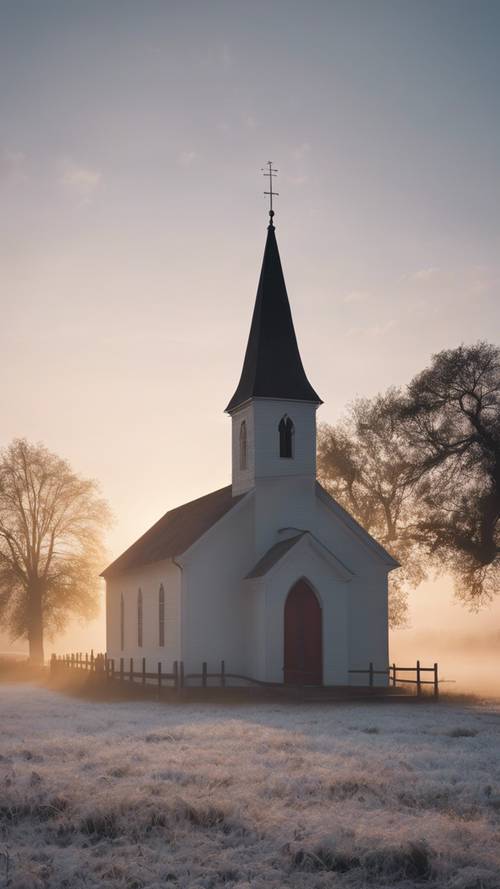 Une église de campagne au lever du soleil, avec un brouillard matinal créant une atmosphère tranquille.