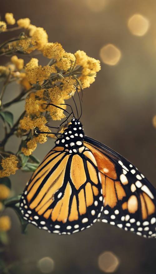 날개 전체에 복잡한 노란색과 금색 무늬가 있는 제왕나비입니다.