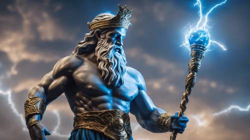 푸른 번개로 빛나는 지팡이를 들고 있는 제우스의 신화적인 장면.