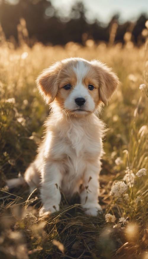 A cute puppy with a golden aura, sitting adorably in a meadow under the gleaming sun.