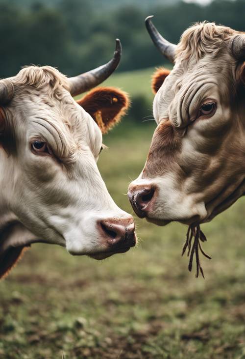 Две коровы сцепились в дружеской схватке головами на грязном лугу.