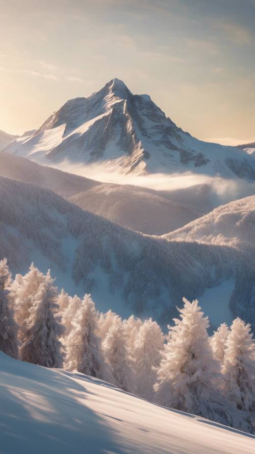 Uma vista estética de um pico de montanha alto e coberto de neve tendo como pano de fundo um sereno sol matinal.