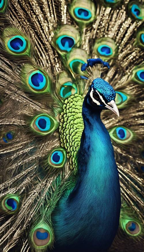 Pfau im Art déco-Stil mit atemberaubendem Gefieder in Smaragdgrün und Saphirblau mit vergoldetem Rand.