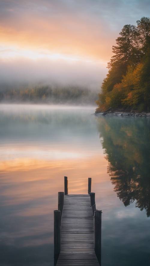 พระอาทิตย์ขึ้นอันเงียบสงบที่ทะเลสาบ Portage ในรัฐมิชิแกน หมอกลอยอยู่เหนือผืนน้ำอันเงียบสงบ