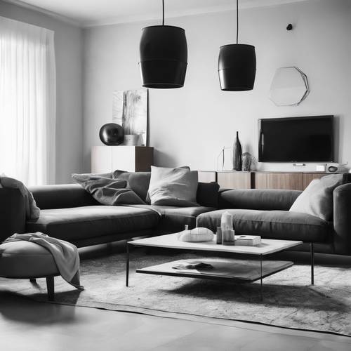 Design minimalista de sala de estar em cores preto e branco com linhas simples.
