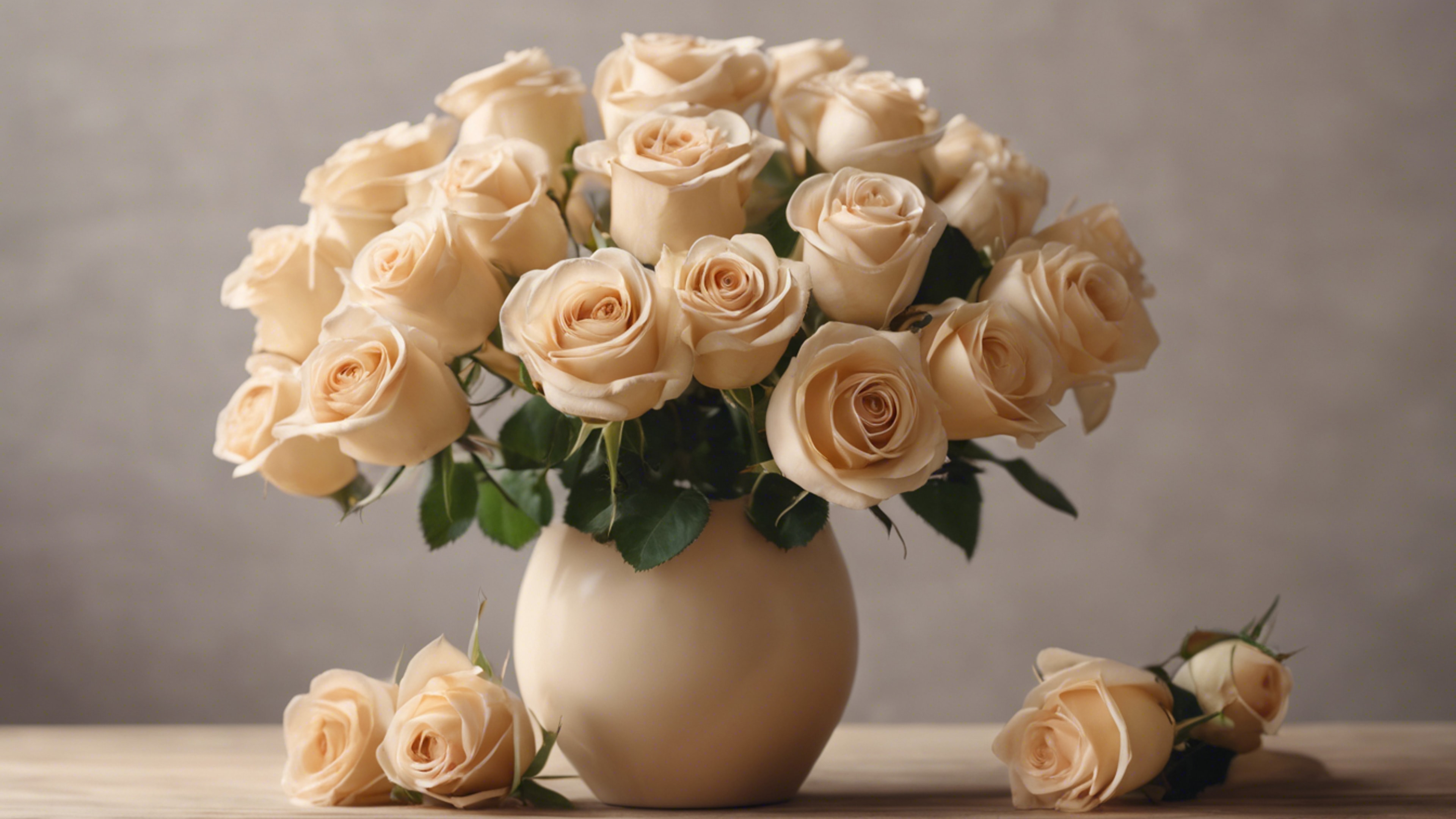 Still life of beige colored Roses arranged in a beige ceramic vase on a wooden table. Wallpaper[34157814654a454183f5]