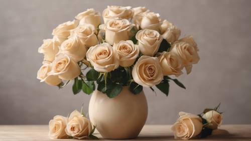 Still life of beige colored Roses arranged in a beige ceramic vase on a wooden table.